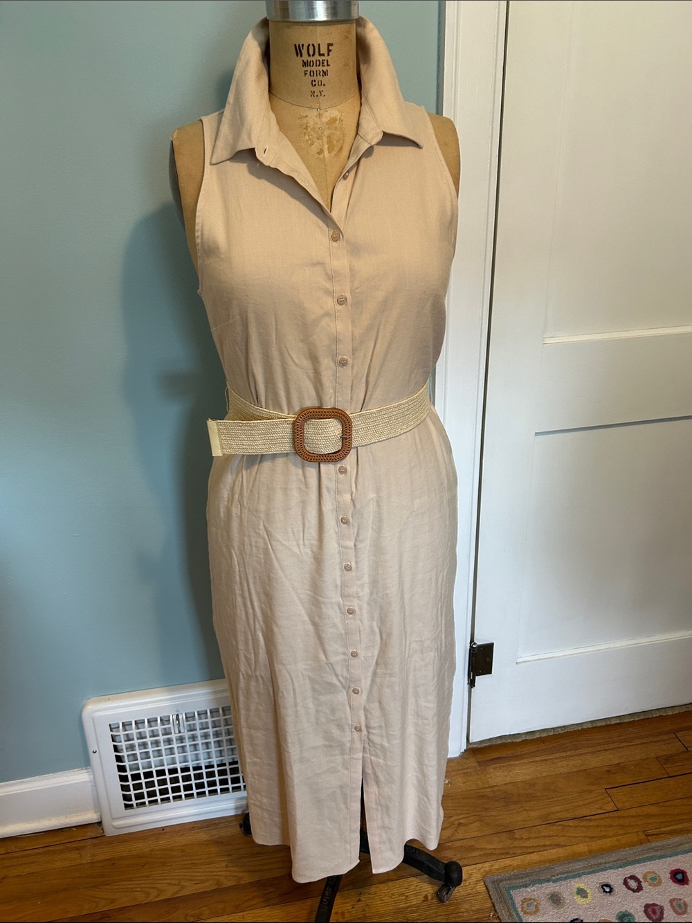 Antonio Melani Sleeveless Cream Linen Midi Dress with Woven Belt